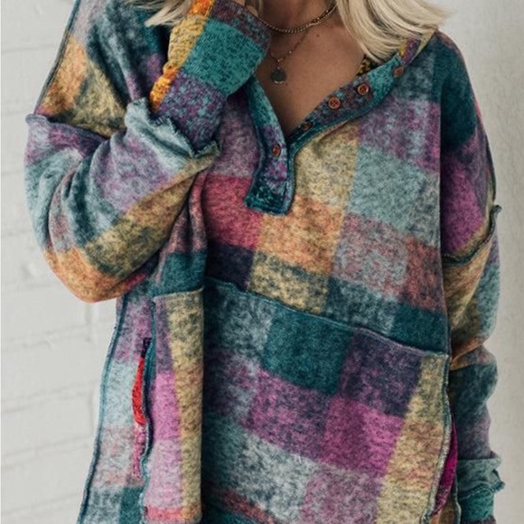 Multicolor Brushed Plaid Buttoned Pullover  Oversized Hoodie - Picture 5 of 7